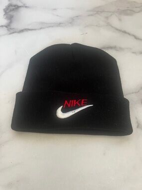 Nike Black Beanie with Red Nike Text and White Swoosh NWOT